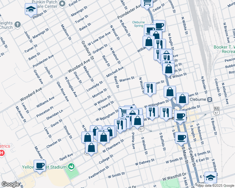 map of restaurants, bars, coffee shops, grocery stores, and more near 419 West Wilson Street in Cleburne