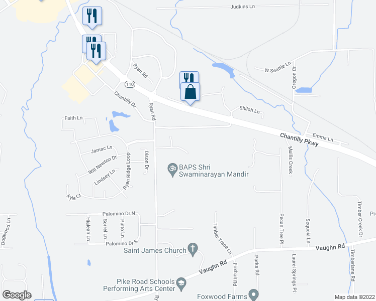 map of restaurants, bars, coffee shops, grocery stores, and more near 11223 Plantation Road in Montgomery