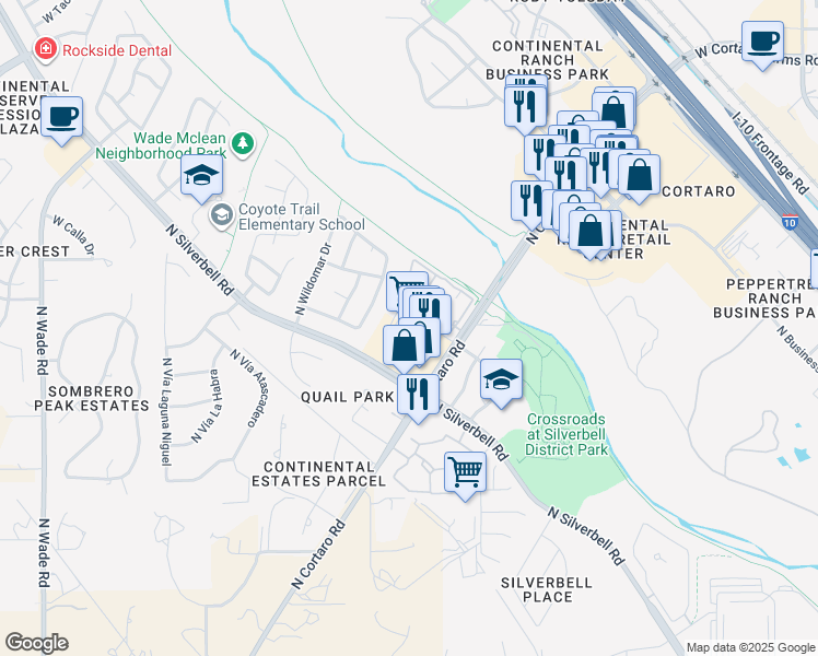 map of restaurants, bars, coffee shops, grocery stores, and more near 7870 North Silverbell Road in Tucson