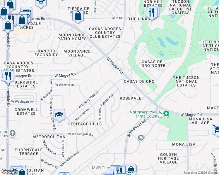 map of restaurants, bars, coffee shops, grocery stores, and more near 7931 North Jensen Drive in Tucson