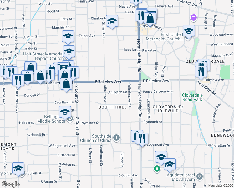 map of restaurants, bars, coffee shops, grocery stores, and more near 3104 South Hull Street in Montgomery