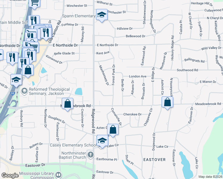 map of restaurants, bars, coffee shops, grocery stores, and more near 4263 Forest Park Drive in Jackson