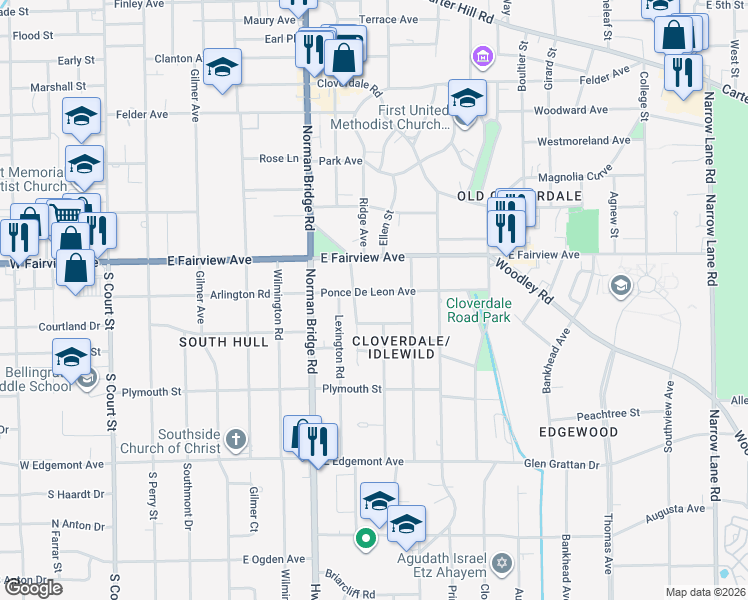 map of restaurants, bars, coffee shops, grocery stores, and more near 644 Ponce De Leon Avenue in Montgomery