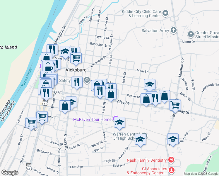 map of restaurants, bars, coffee shops, grocery stores, and more near 1113 1st North Street in Vicksburg