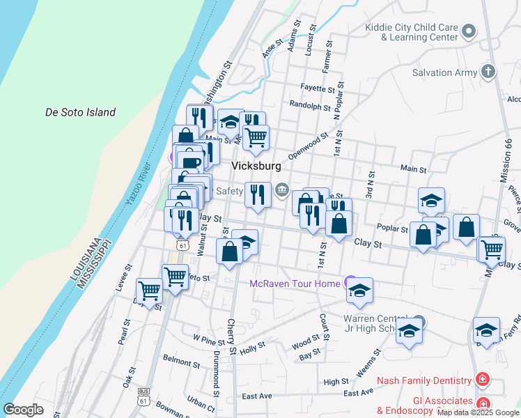 map of restaurants, bars, coffee shops, grocery stores, and more near 1000-1098 China Street in Vicksburg