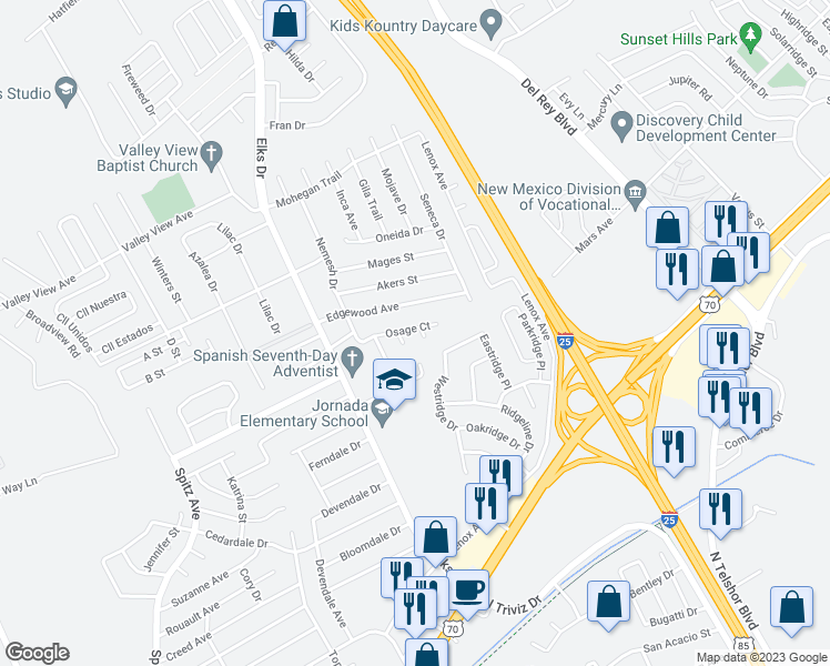 map of restaurants, bars, coffee shops, grocery stores, and more near 3529 Omaha Court in Las Cruces