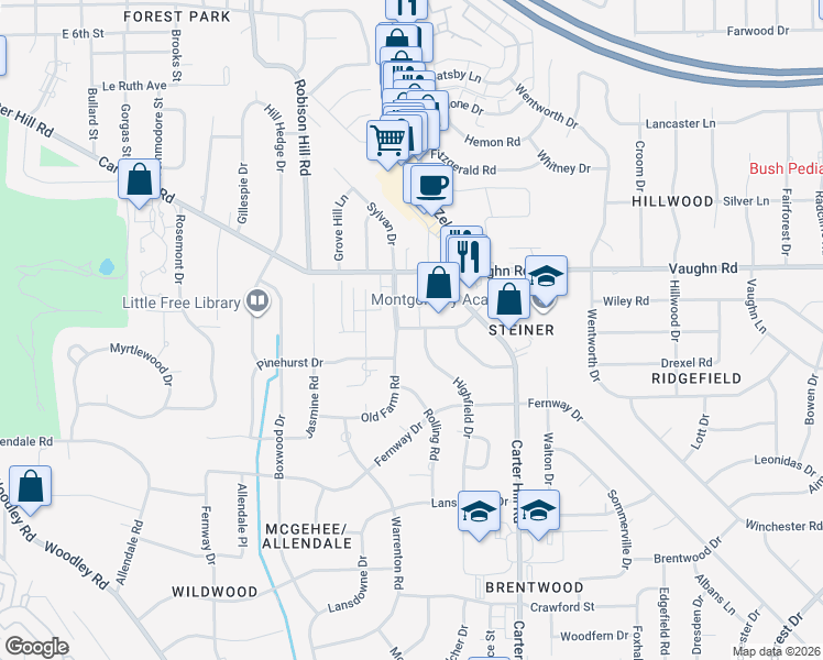 map of restaurants, bars, coffee shops, grocery stores, and more near 2912 Canterbury Drive in Montgomery