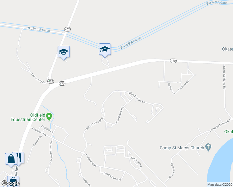 map of restaurants, bars, coffee shops, grocery stores, and more near 48 Oldfield Village Road in Bluffton