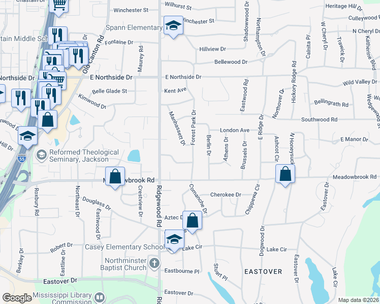 map of restaurants, bars, coffee shops, grocery stores, and more near 4263 Forest Park Drive in Jackson