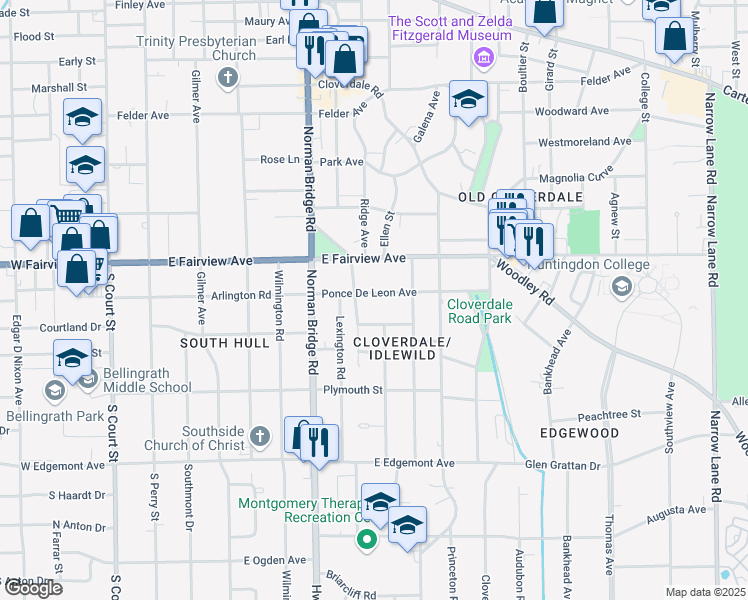 map of restaurants, bars, coffee shops, grocery stores, and more near 644 Ponce De Leon Avenue in Montgomery