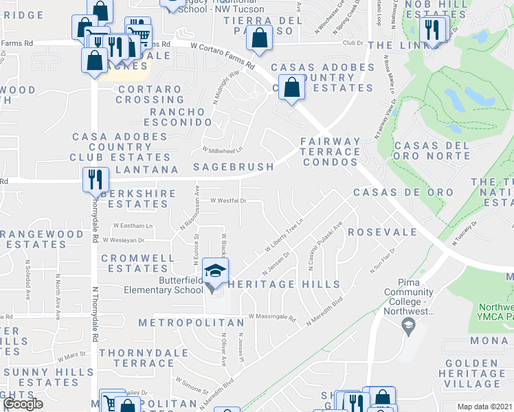 map of restaurants, bars, coffee shops, grocery stores, and more near 7900 North Hopdown Avenue in Tucson