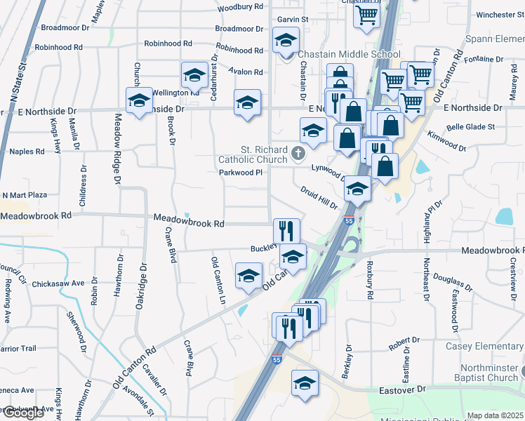 map of restaurants, bars, coffee shops, grocery stores, and more near 1069 Cedar Hill Drive in Jackson