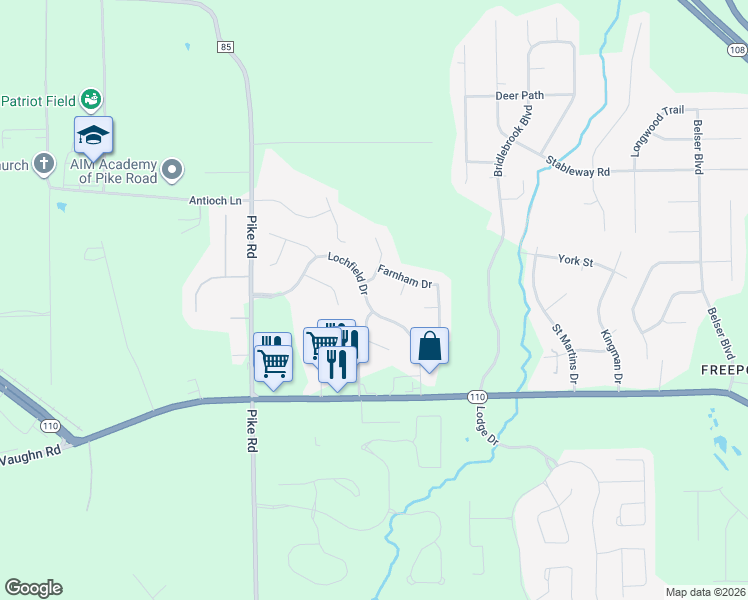 map of restaurants, bars, coffee shops, grocery stores, and more near 9717 Lochfield Drive in Pike Road