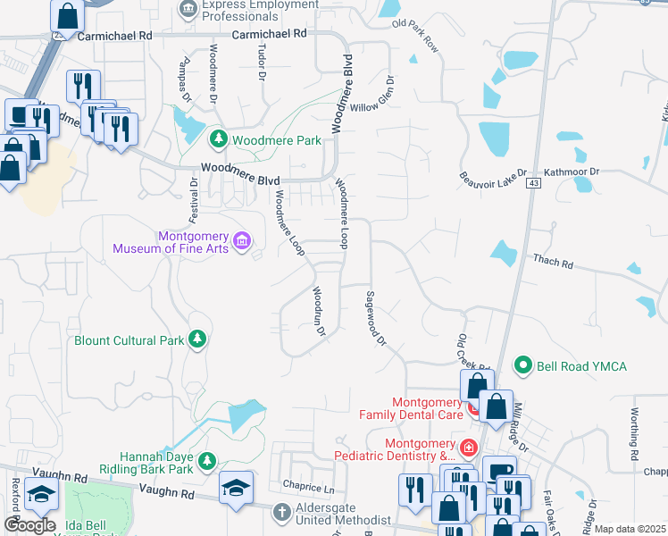 map of restaurants, bars, coffee shops, grocery stores, and more near 6028 Vineyard Ln in Montgomery