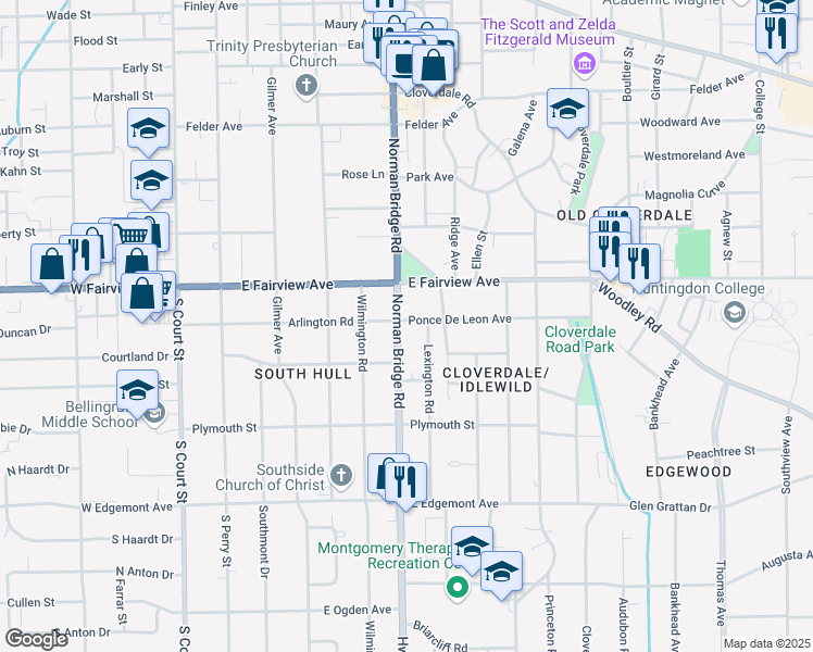 map of restaurants, bars, coffee shops, grocery stores, and more near 3101 Norman Bridge Road in Montgomery