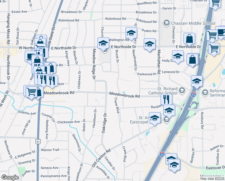 map of restaurants, bars, coffee shops, grocery stores, and more near 822 Meadowbrook Rd in Jackson