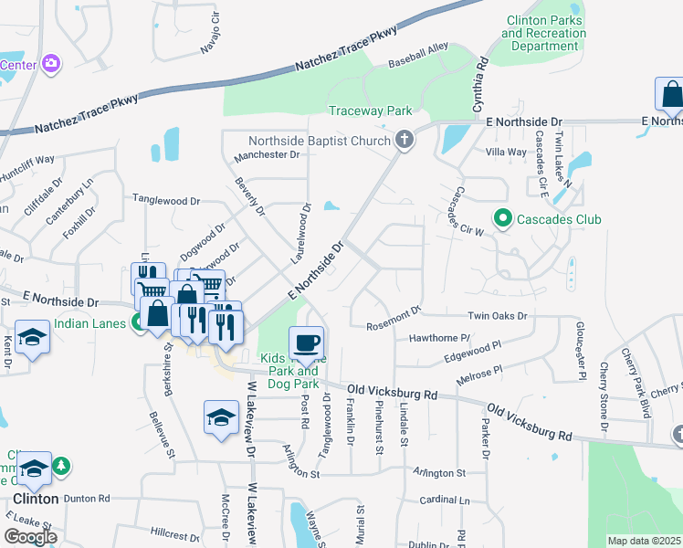 map of restaurants, bars, coffee shops, grocery stores, and more near 108 Crestwood Cove in Clinton