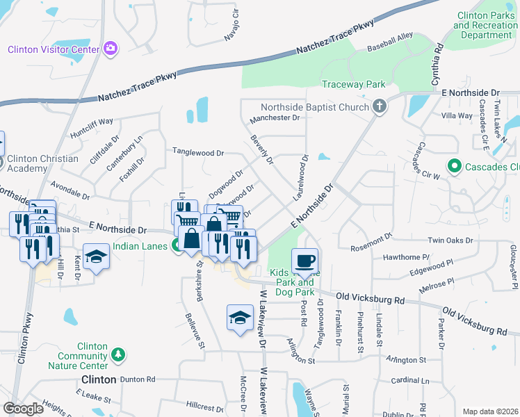 map of restaurants, bars, coffee shops, grocery stores, and more near 1009 Normandy Drive in Clinton
