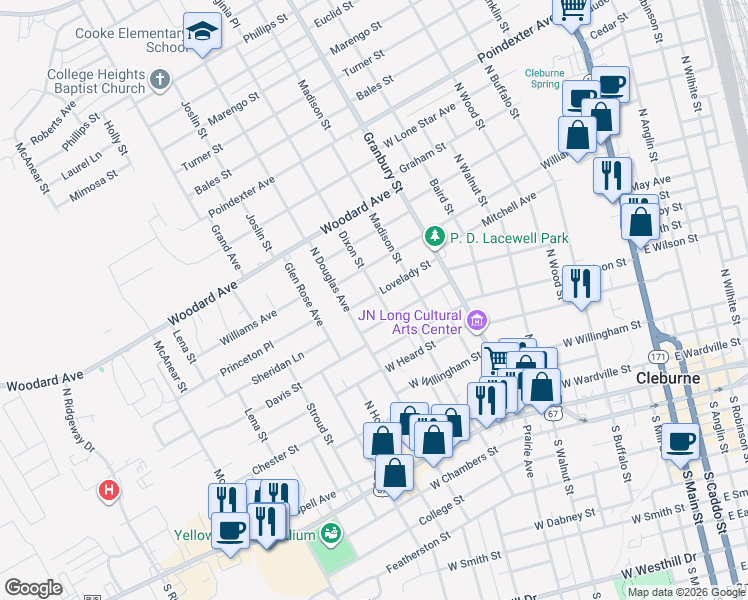 map of restaurants, bars, coffee shops, grocery stores, and more near 113 Dixon Street in Cleburne