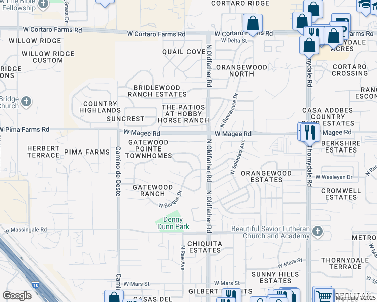 map of restaurants, bars, coffee shops, grocery stores, and more near 7906 North Roundstone Drive in Tucson