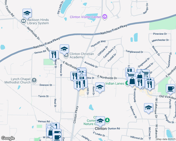 map of restaurants, bars, coffee shops, grocery stores, and more near 451 East Northside Drive in Clinton