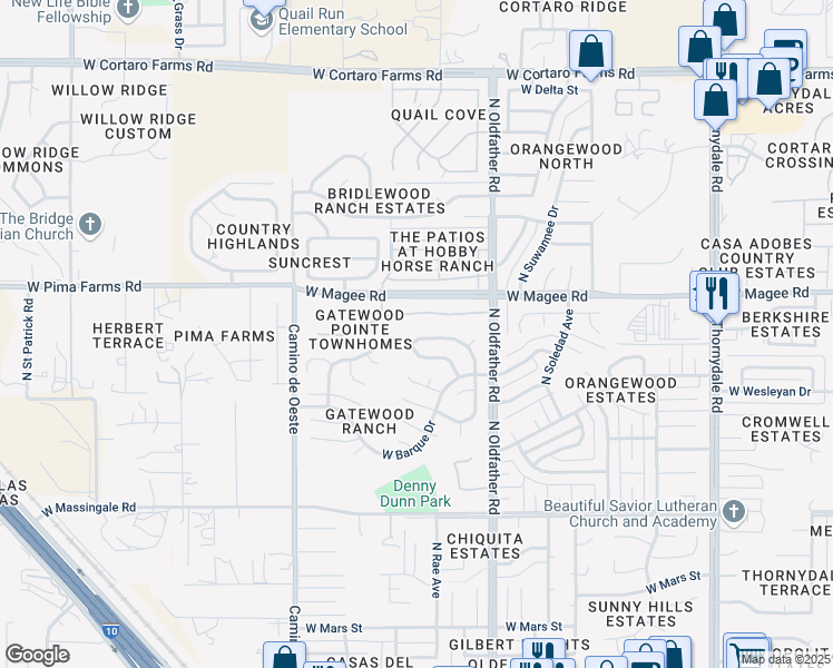 map of restaurants, bars, coffee shops, grocery stores, and more near 7918 North Roundstone Drive in Tucson