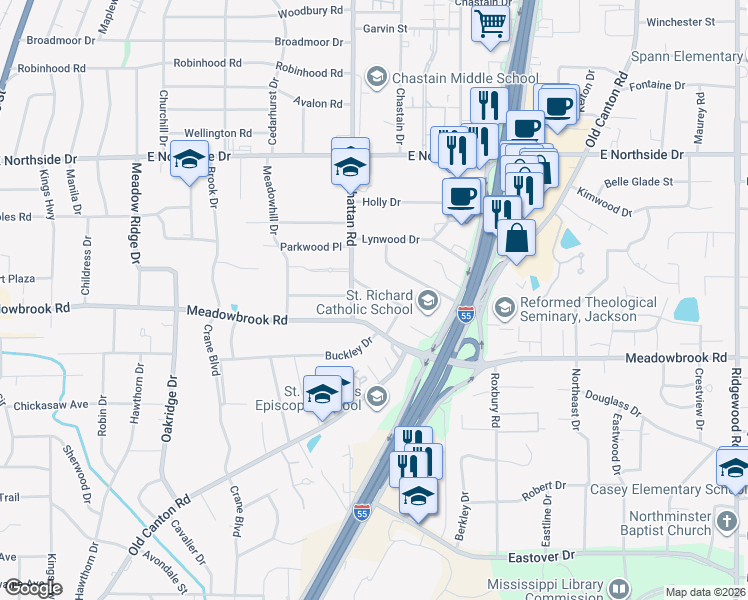 map of restaurants, bars, coffee shops, grocery stores, and more near 1135 Martingale Road in Jackson