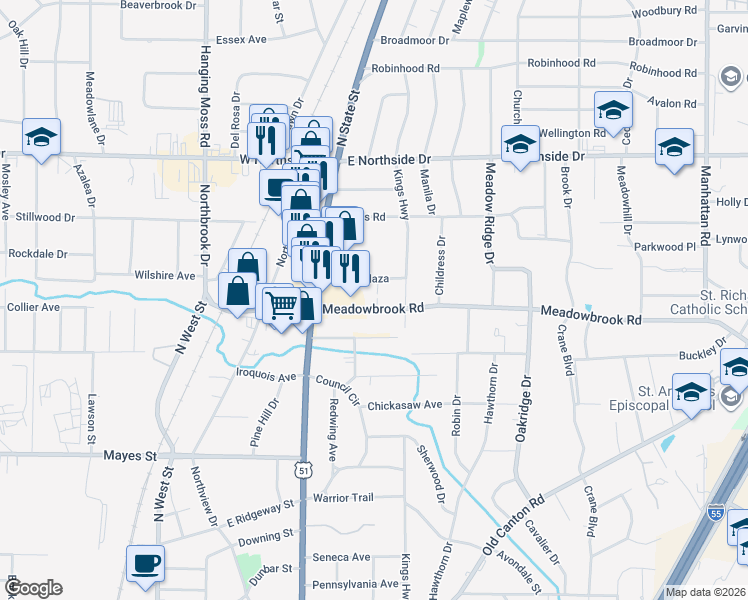 map of restaurants, bars, coffee shops, grocery stores, and more near 426 Meadowbrook Road in Jackson
