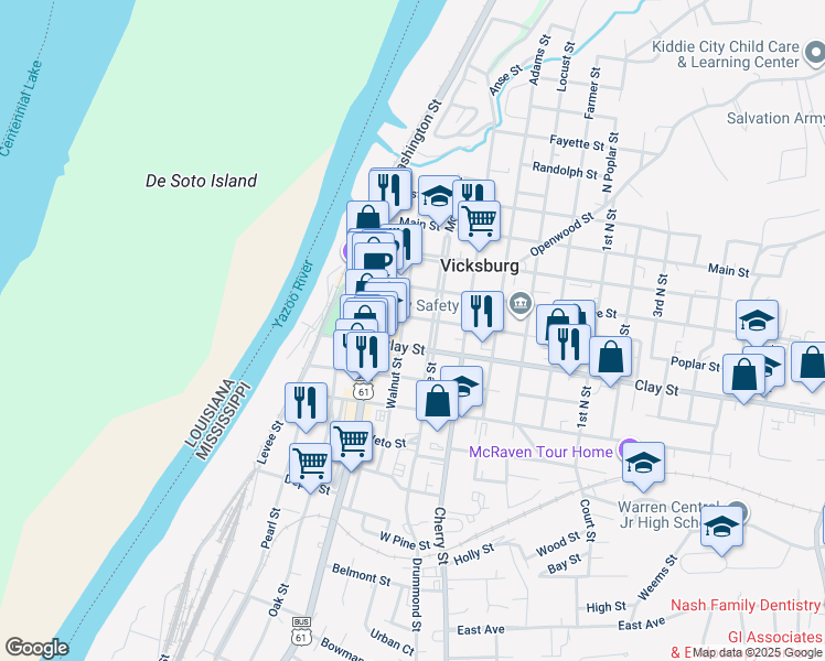 map of restaurants, bars, coffee shops, grocery stores, and more near 1207 Walnut St in Vicksburg