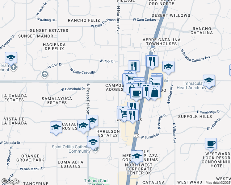 map of restaurants, bars, coffee shops, grocery stores, and more near 625 West Placita Campo De Adobes in Tucson