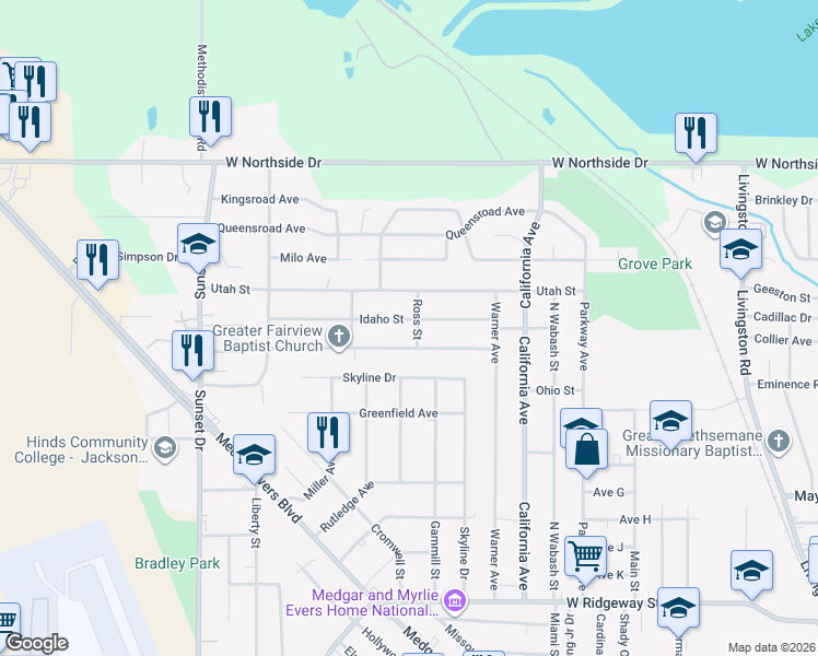 map of restaurants, bars, coffee shops, grocery stores, and more near 2407 Idaho Street in Jackson