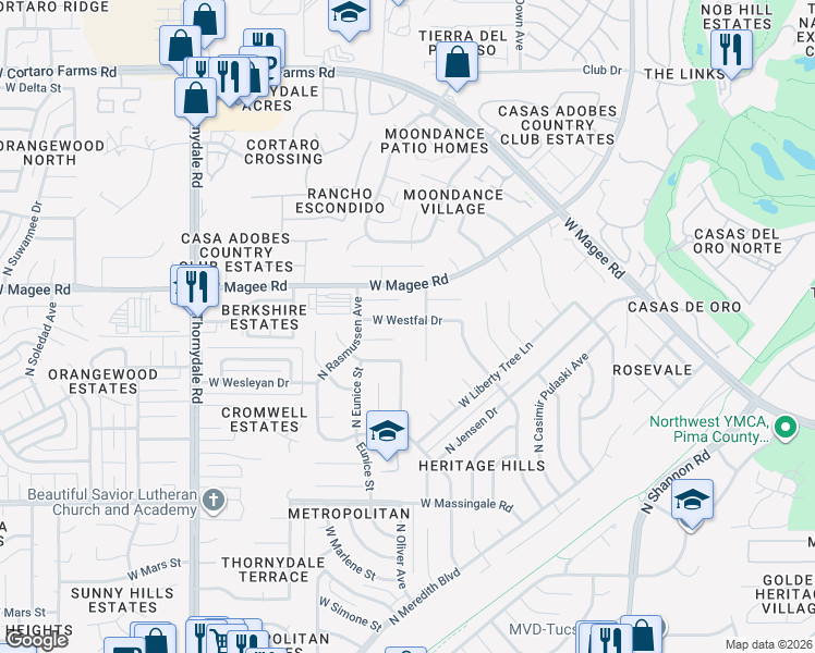 map of restaurants, bars, coffee shops, grocery stores, and more near 3341 West Westfal Drive in Tucson