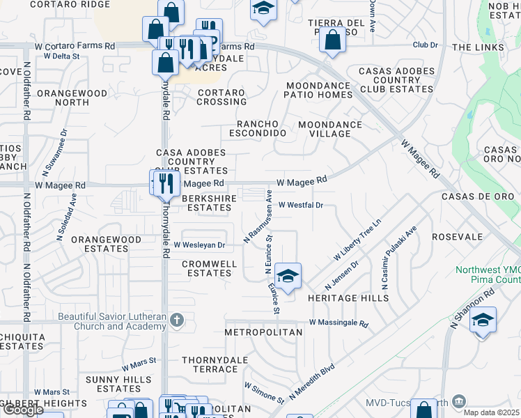 map of restaurants, bars, coffee shops, grocery stores, and more near 7921 North Rasmussen Avenue in Tucson