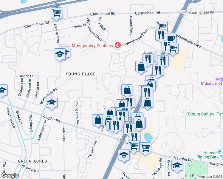 map of restaurants, bars, coffee shops, grocery stores, and more near 2462 Promwood Loop in Montgomery