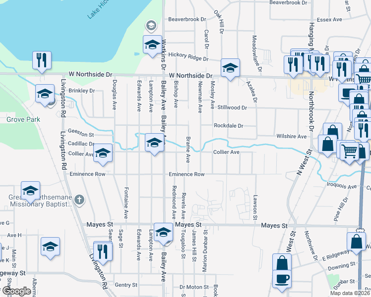 map of restaurants, bars, coffee shops, grocery stores, and more near 3610 Brame Avenue in Jackson