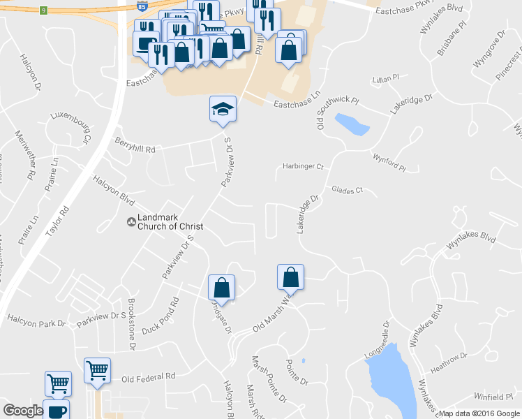 map of restaurants, bars, coffee shops, grocery stores, and more near 8260 Parkview Court in Montgomery