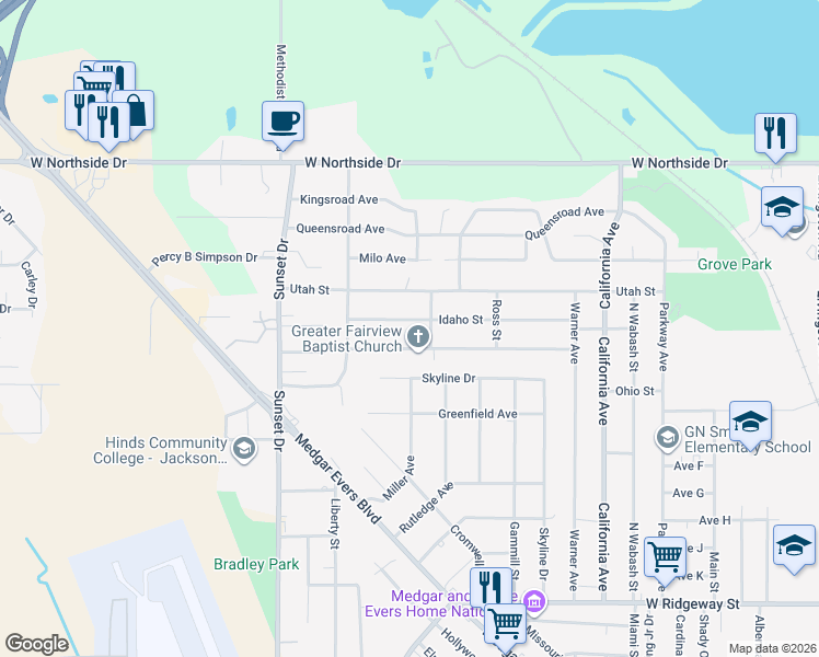 map of restaurants, bars, coffee shops, grocery stores, and more near 2623 Idaho St in Jackson