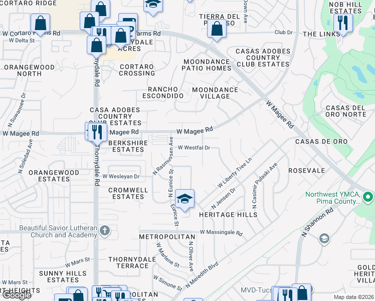 map of restaurants, bars, coffee shops, grocery stores, and more near 3341 West Westfal Drive in Tucson