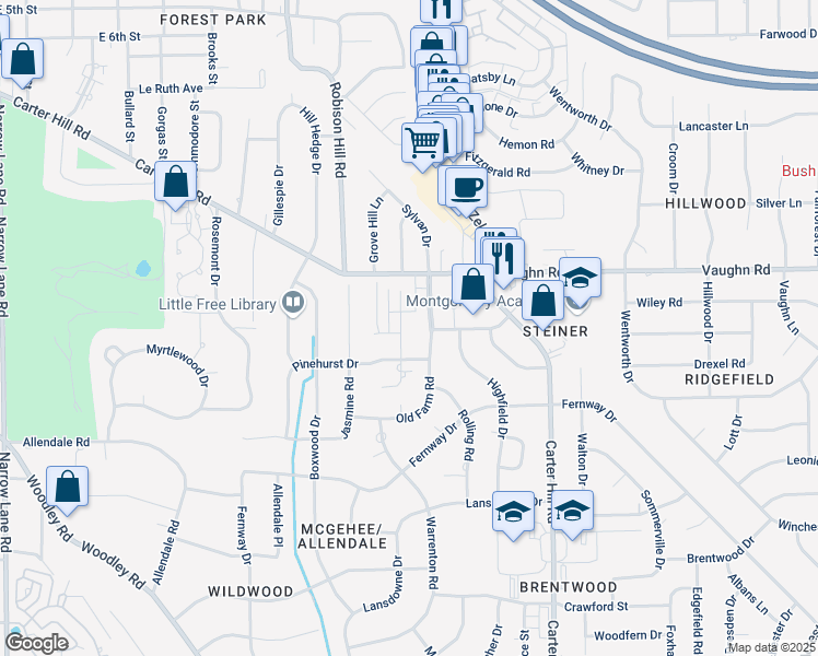 map of restaurants, bars, coffee shops, grocery stores, and more near 2942 Jamestown Dr in Montgomery