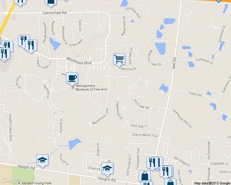 map of restaurants, bars, coffee shops, grocery stores, and more near 2216 Sagewood Drive in Montgomery