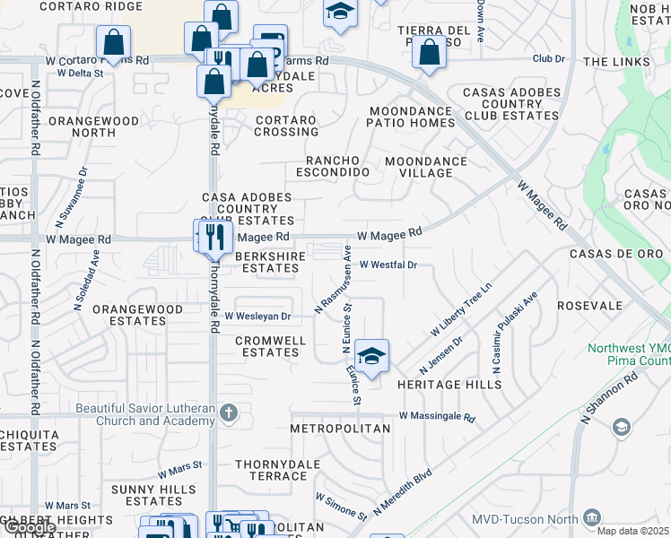 map of restaurants, bars, coffee shops, grocery stores, and more near 7921 North Rasmussen Avenue in Tucson