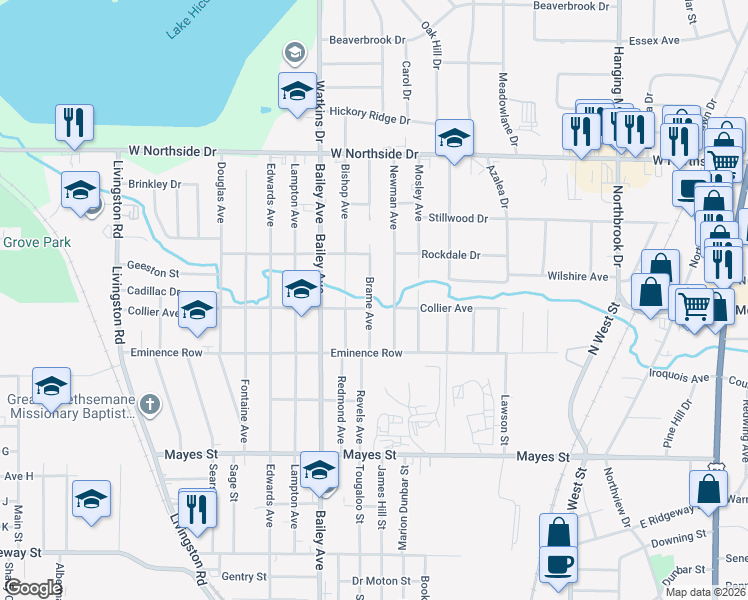 map of restaurants, bars, coffee shops, grocery stores, and more near 3610 Brame Avenue in Jackson