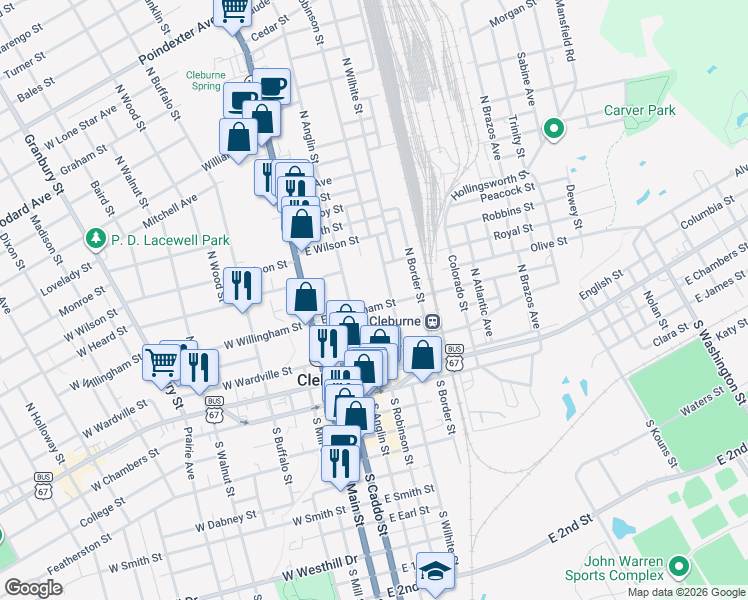 map of restaurants, bars, coffee shops, grocery stores, and more near 305 East Willingham Street in Cleburne