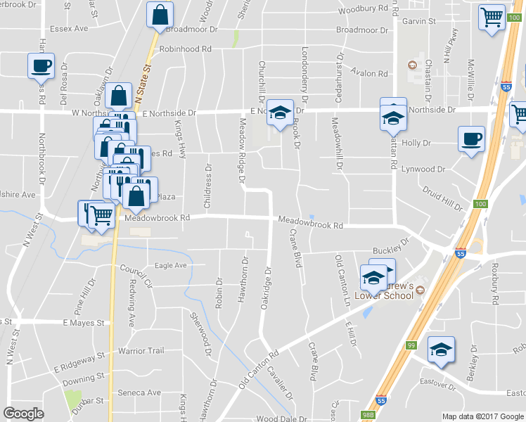 map of restaurants, bars, coffee shops, grocery stores, and more near 732 Meadowbrook Road in Jackson