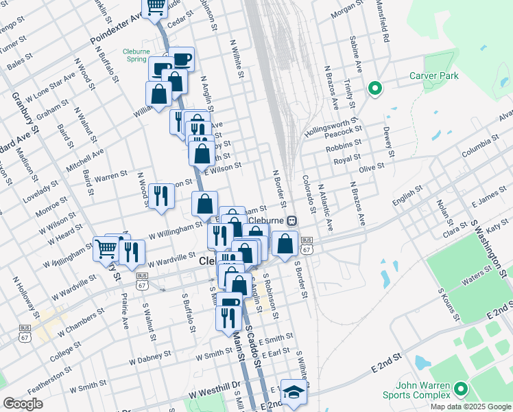 map of restaurants, bars, coffee shops, grocery stores, and more near 305 East Willingham Street in Cleburne