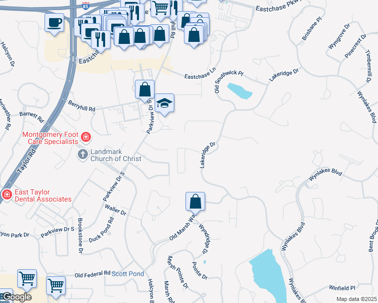 map of restaurants, bars, coffee shops, grocery stores, and more near 8548 West Hampton Court in Montgomery