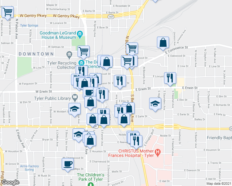 map of restaurants, bars, coffee shops, grocery stores, and more near 119 Adams Avenue in Tyler