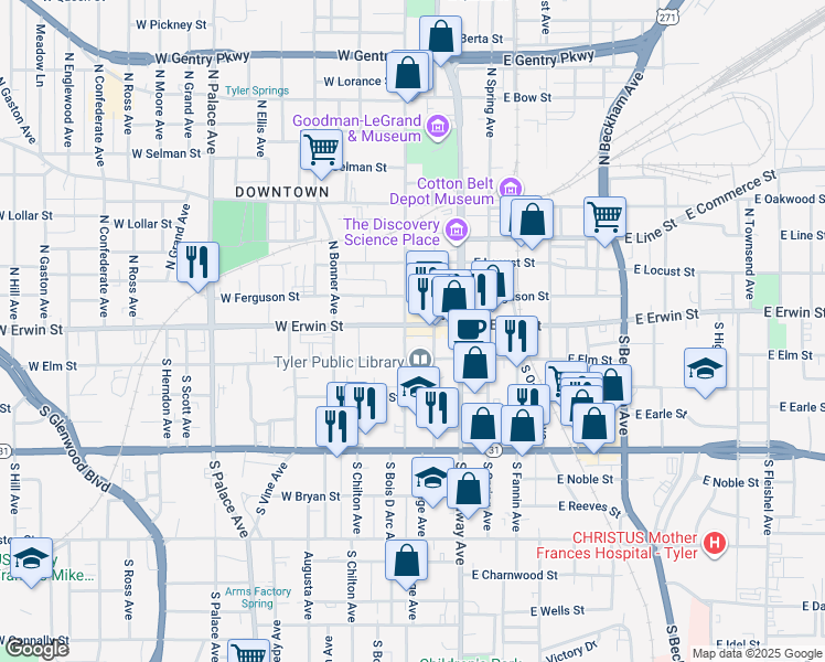 map of restaurants, bars, coffee shops, grocery stores, and more near 218 West Erwin Street in Tyler
