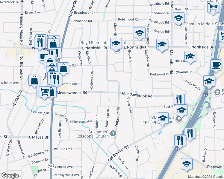 map of restaurants, bars, coffee shops, grocery stores, and more near 714 Meadowbrook Road in Jackson