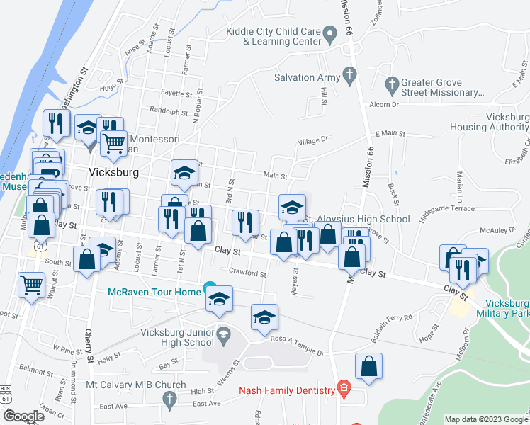 map of restaurants, bars, coffee shops, grocery stores, and more near 1099 5th North Street in Vicksburg